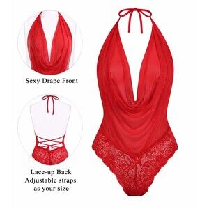 Avidlove Red Lace Mesh Lingerie Teddy Sheer Bodysuit Halter Open Back Lace Up XL